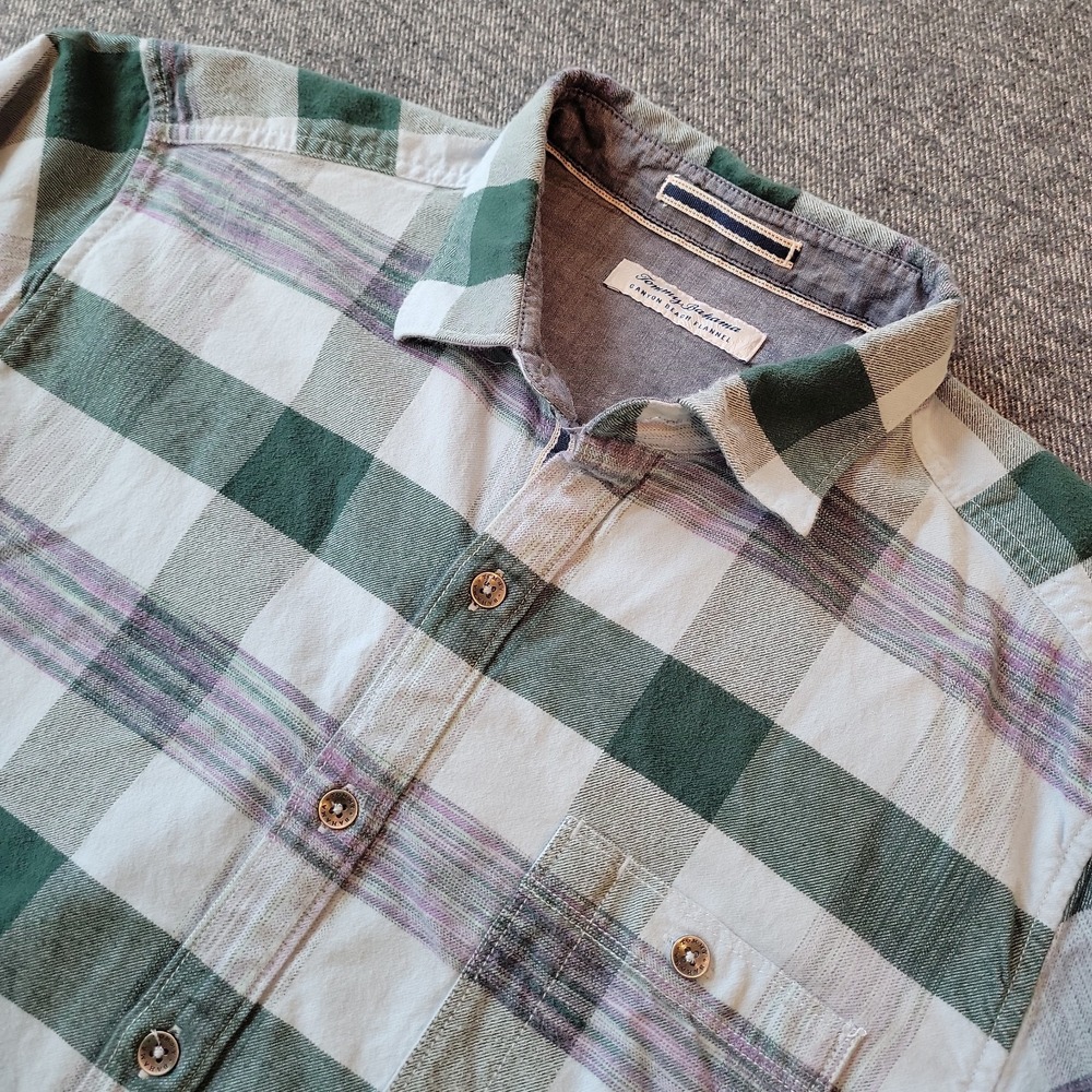Tommy Bahama Shirt Men's Large Canyon Beach Flannel Green Patchwork Plaid Thick